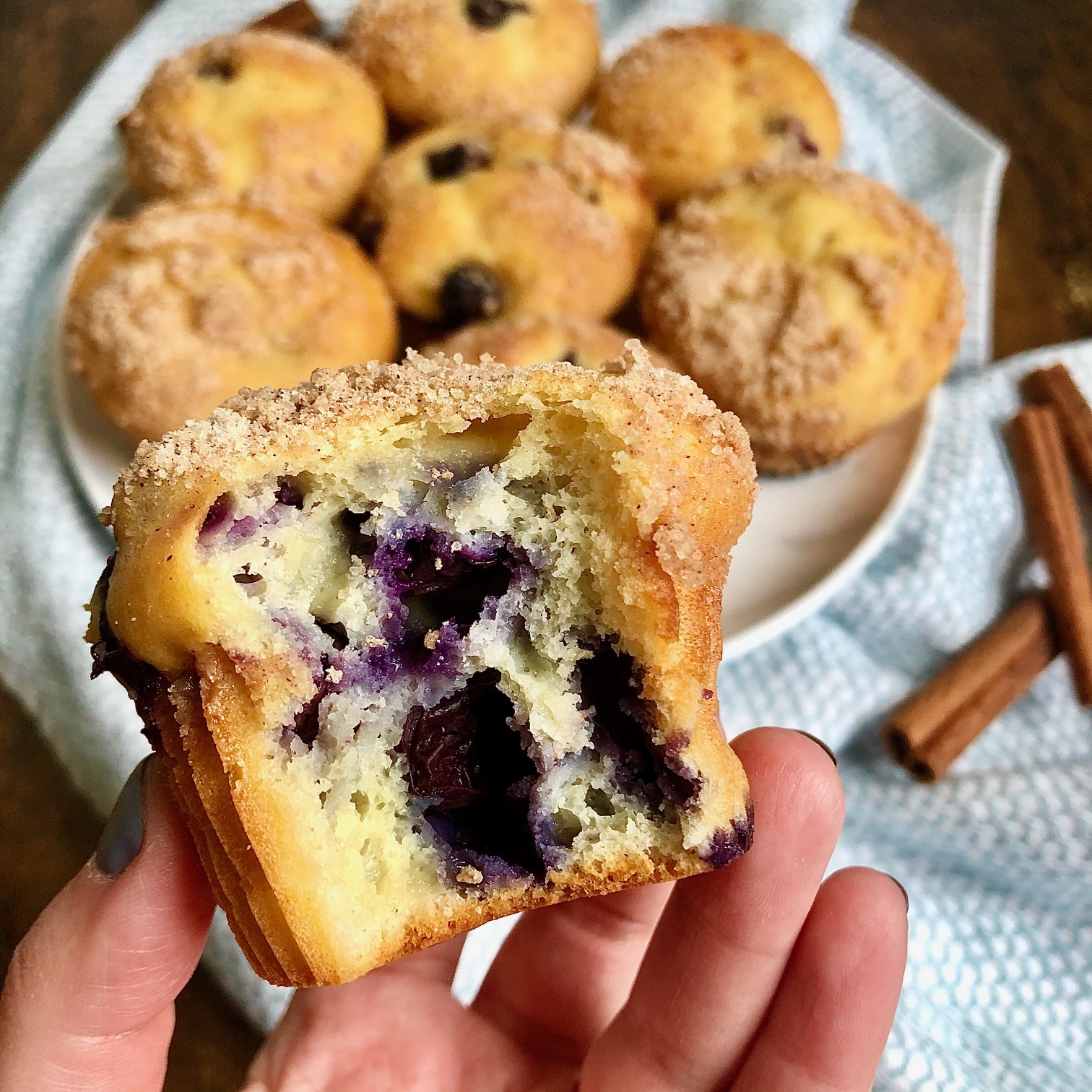 close up of bitten blueberry muffin