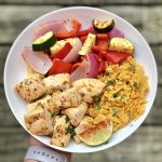 plate of chicken veggies and rice