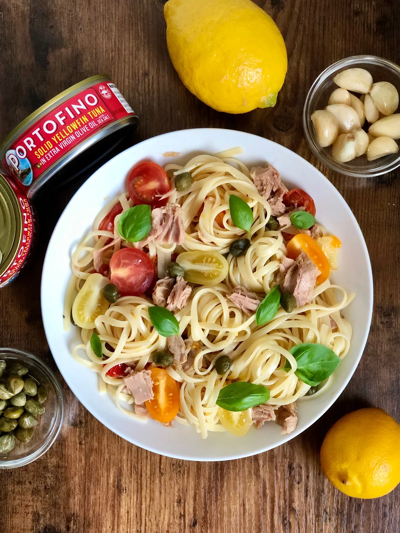 plate of lemon caper tuna pasta