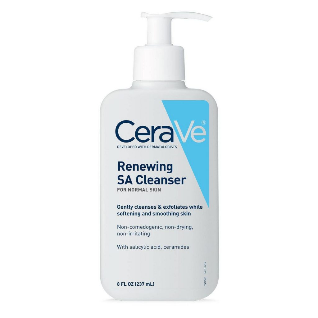 A bottle of CeraVe Renewing Face Cleanser for Normal Cleanser with Salicylic Acid.