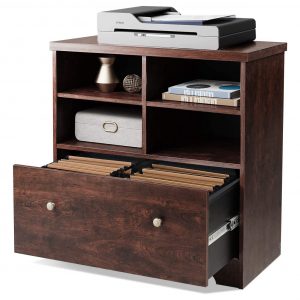 A brown Devaise Lateral File Cabinet.