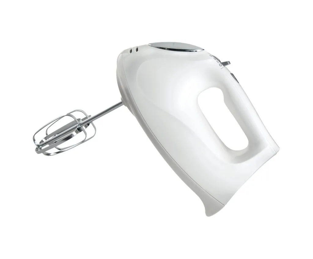 A white Hamilton Beach 6-Speed Hand Mixer with Case.