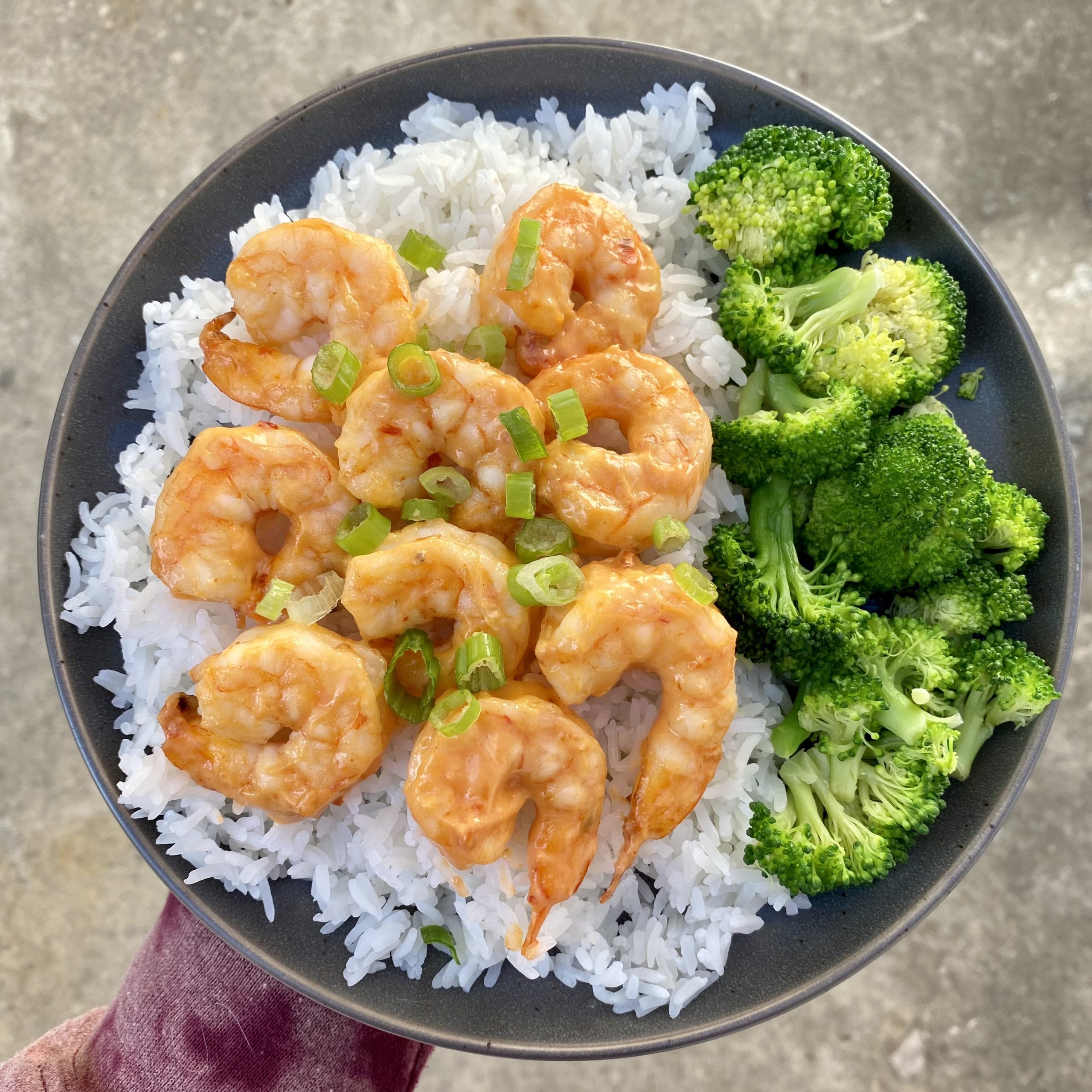 Plate of shrimp and broccoli over rice