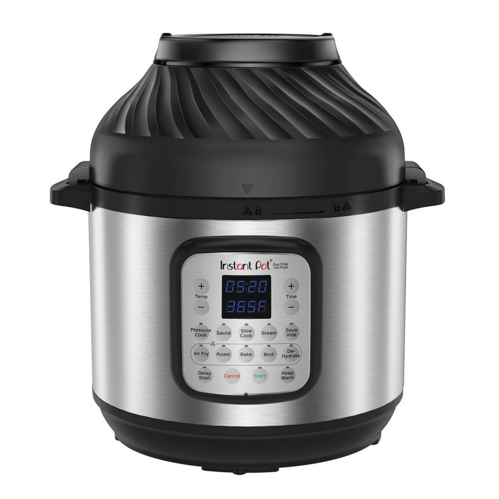A stainless steel Instant Pot 8qt Duo Crisp Combo Electric Pressure Cooker Air Fryer.