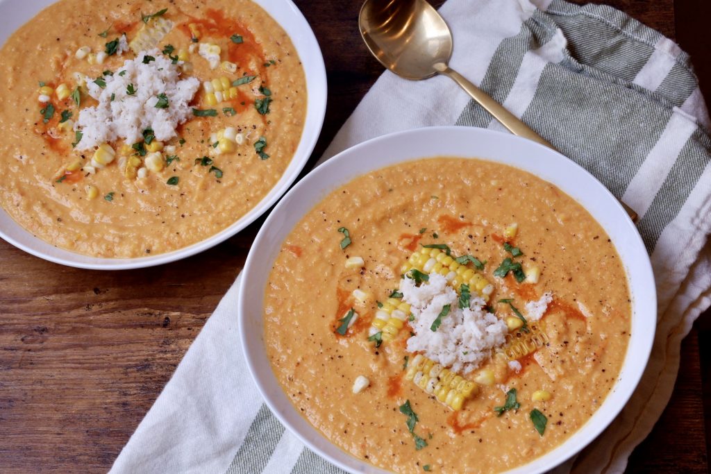 Roasted Corn and Tomato Soup with Crab