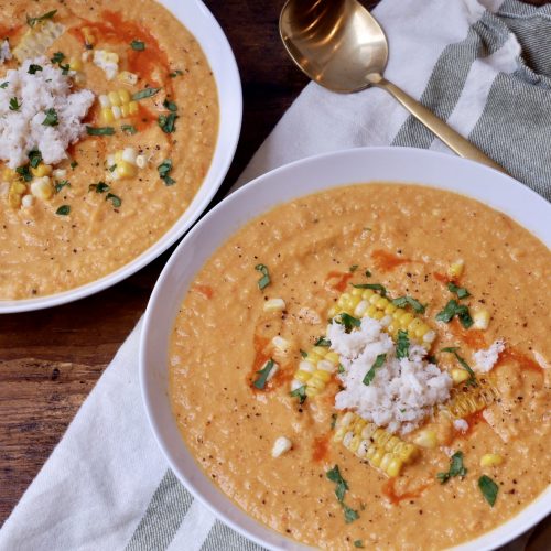 Roasted Corn and Tomato Soup with Crab