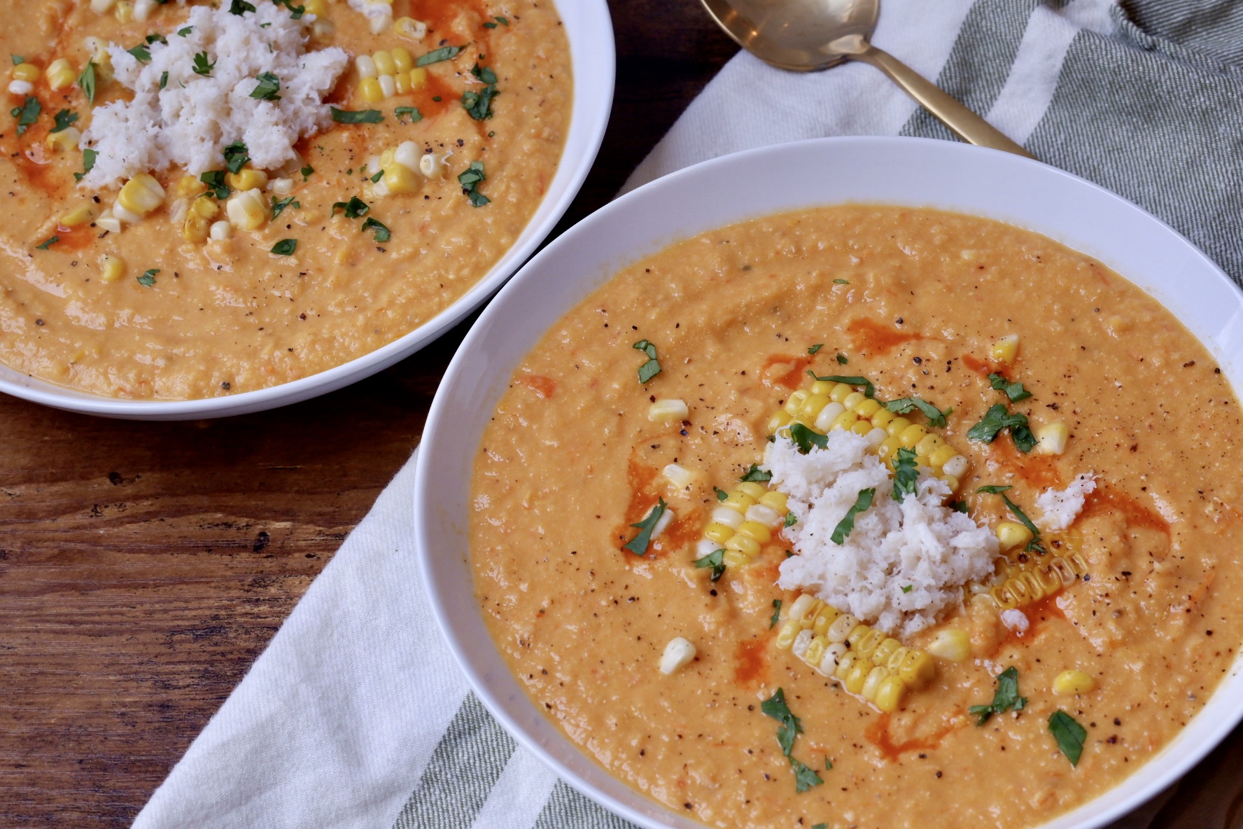 Roasted Corn and Tomato Soup with Crab