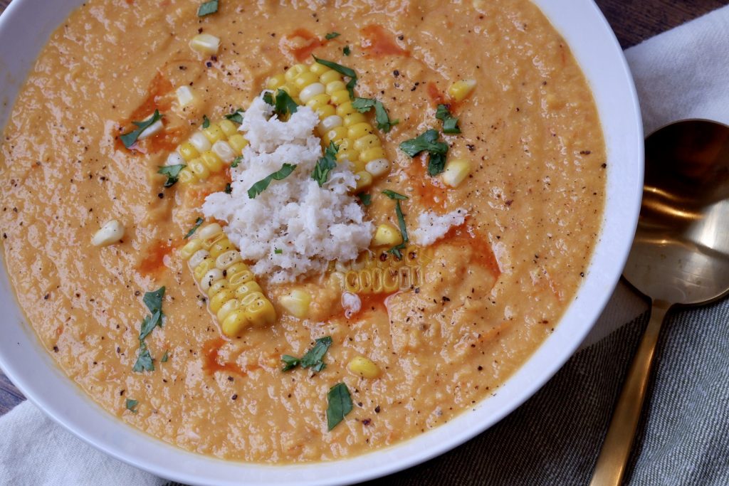 Roasted Corn and Tomato Soup with Crab