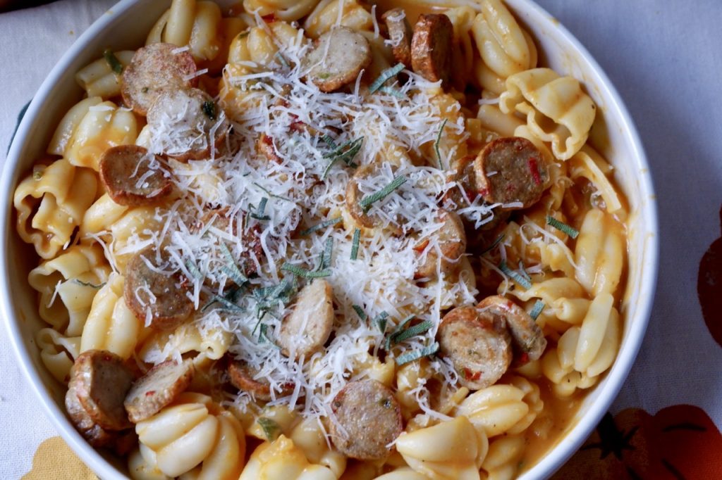 creamy pumpkin pasta with crispy sausage