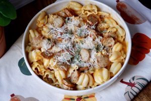 creamy pumpkin pasta with crispy sausage