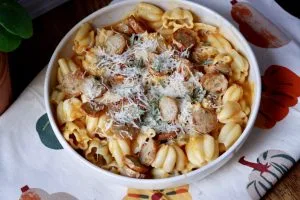 creamy pumpkin pasta with crispy sausage