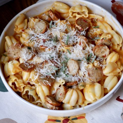 creamy pumpkin pasta with crispy sausage