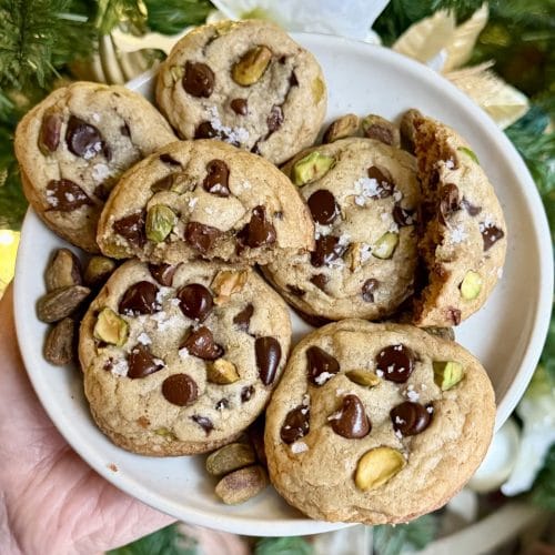 brown butter pistachio chocolate chip cookies
