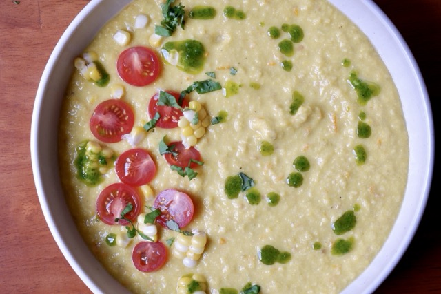 summer corn gazpacho with basil oil