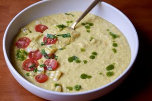 summer corn gazpacho with basil oil