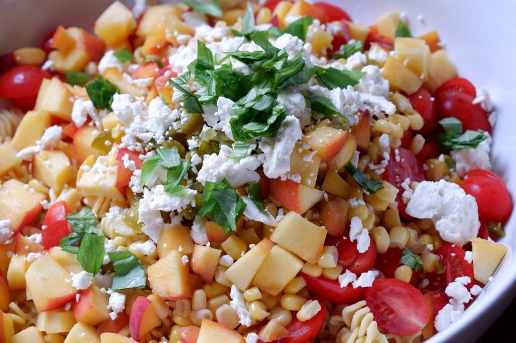 hot honey peach pasta salad