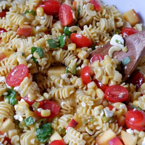 hot honey peach pasta salad
