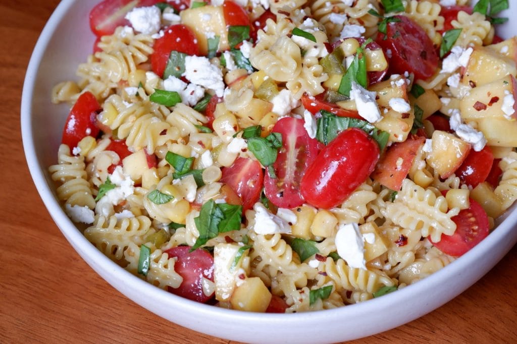 hot honey peach pasta salad