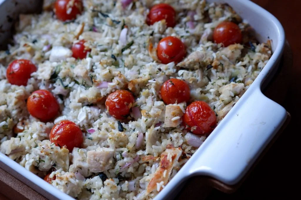 Greek chicken rice bake