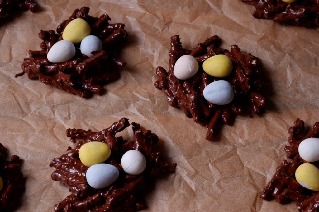 chocolate pretzel bird nests