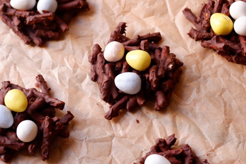 chocolate pretzel bird nests